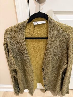 Zara Olive-Tone Textured Open Front Cardigan
